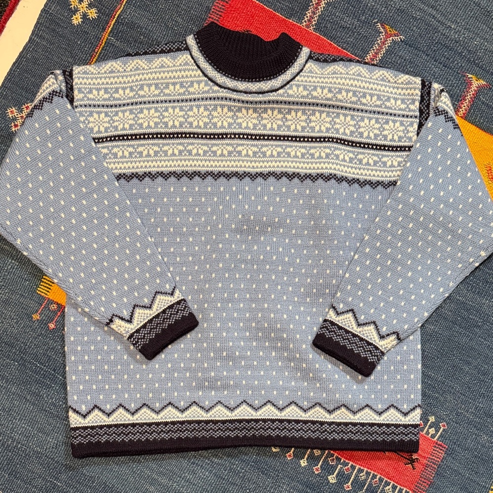 Lands' End Navy and Cream Patterned Crewneck Sweater